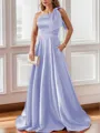 Luxurious A-line One-Shoulder Satin Floor-Length Bridesmaid Dress With Pockets