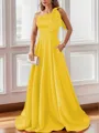 Luxurious A-line One-Shoulder Satin Floor-Length Bridesmaid Dress With Pockets