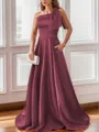 Luxurious A-line One-Shoulder Satin Floor-Length Bridesmaid Dress With Pockets