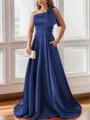 Luxurious A-line One-Shoulder Satin Floor-Length Bridesmaid Dress With Pockets