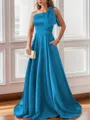 Luxurious A-line One-Shoulder Satin Floor-Length Bridesmaid Dress With Pockets