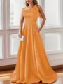 Luxurious A-line One-Shoulder Satin Floor-Length Bridesmaid Dress With Pockets