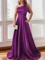 Luxurious A-line One-Shoulder Satin Floor-Length Bridesmaid Dress With Pockets