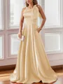 Luxurious A-line One-Shoulder Satin Floor-Length Bridesmaid Dress With Pockets