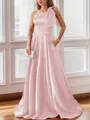 Luxurious A-line One-Shoulder Satin Floor-Length Bridesmaid Dress With Pockets