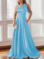Luxurious A-line One-Shoulder Satin Floor-Length Bridesmaid Dress With Pockets