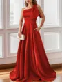 Luxurious A-line One-Shoulder Satin Floor-Length Bridesmaid Dress With Pockets