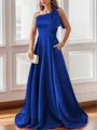 Luxurious A-line One-Shoulder Satin Floor-Length Bridesmaid Dress With Pockets