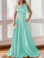 Luxurious A-line One-Shoulder Satin Floor-Length Bridesmaid Dress With Pockets