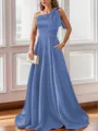 Luxurious A-line One-Shoulder Satin Floor-Length Bridesmaid Dress With Pockets