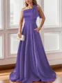 Luxurious A-line One-Shoulder Satin Floor-Length Bridesmaid Dress With Pockets