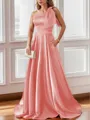 Luxurious A-line One-Shoulder Satin Floor-Length Bridesmaid Dress With Pockets