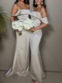 Sheath/Column Romantic Off-the-Shoulder Satin Sweep Train Bridesmaid Dress With Pleated