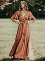 Trendy A-line V-neck Short Sleeves Silk Like Satin Floor-Length Bridesmaid Dress With Slit
