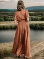 Trendy A-line V-neck Short Sleeves Silk Like Satin Floor-Length Bridesmaid Dress With Slit