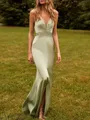 Sheath/Column Unique V-neck Silk Like Satin Sweep Train Bridesmaid Dress With Slit