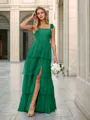 A-line Elegant Straps Floor-Length Tulle Corset Bridesmaid Dress With Slit