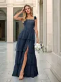 A-line Elegant Straps Floor-Length Tulle Corset Bridesmaid Dress With Slit