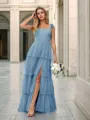 A-line Elegant Straps Floor-Length Tulle Corset Bridesmaid Dress With Slit