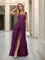 A-line Elegant Straps Floor-Length Tulle Corset Bridesmaid Dress With Slit