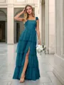 A-line Elegant Straps Floor-Length Tulle Corset Bridesmaid Dress With Slit