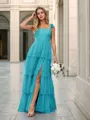 A-line Elegant Straps Floor-Length Tulle Corset Bridesmaid Dress With Slit