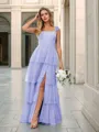 A-line Elegant Straps Floor-Length Tulle Corset Bridesmaid Dress With Slit