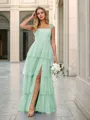 A-line Elegant Straps Floor-Length Tulle Corset Bridesmaid Dress With Slit