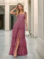 A-line Elegant Straps Floor-Length Tulle Corset Bridesmaid Dress With Slit