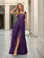 A-line Elegant Straps Floor-Length Tulle Corset Bridesmaid Dress With Slit