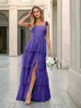 A-line Elegant Straps Floor-Length Tulle Corset Bridesmaid Dress With Slit