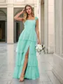 A-line Elegant Straps Floor-Length Tulle Corset Bridesmaid Dress With Slit