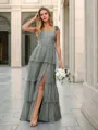 A-line Elegant Straps Floor-Length Tulle Corset Bridesmaid Dress With Slit