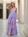 A-line Elegant Straps Floor-Length Tulle Corset Bridesmaid Dress With Slit