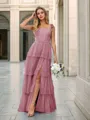 A-line Elegant Straps Floor-Length Tulle Corset Bridesmaid Dress With Slit