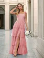 A-line Elegant Straps Floor-Length Tulle Corset Bridesmaid Dress With Slit