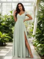 Stunning A-line Cold Shoulder Floor-Length Chiffon Bridesmaid Dress With Slit