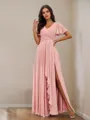 A-line Dreamy V-neck Short Sleeves Floor-Length Chiffon Bridesmaid Dress With Slit