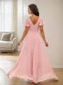 A-line Dreamy V-neck Short Sleeves Floor-Length Chiffon Bridesmaid Dress With Slit