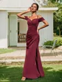 Sexy Sheath/Column Cold Shoulder Sweep Train Stretch Crepe Bridesmaid Dress With Slit