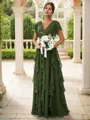 A-line Charming V-neck Short Sleeves Floor-Length Chiffon Bridesmaid Dress With Ruffles