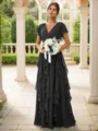 A-line Charming V-neck Short Sleeves Floor-Length Chiffon Bridesmaid Dress With Ruffles