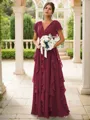 A-line Charming V-neck Short Sleeves Floor-Length Chiffon Bridesmaid Dress With Ruffles