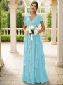 A-line Charming V-neck Short Sleeves Floor-Length Chiffon Bridesmaid Dress With Ruffles