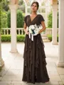 A-line Charming V-neck Short Sleeves Floor-Length Chiffon Bridesmaid Dress With Ruffles