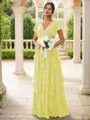 A-line Charming V-neck Short Sleeves Floor-Length Chiffon Bridesmaid Dress With Ruffles