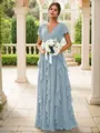 A-line Charming V-neck Short Sleeves Floor-Length Chiffon Bridesmaid Dress With Ruffles