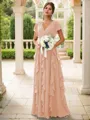 A-line Charming V-neck Short Sleeves Floor-Length Chiffon Bridesmaid Dress With Ruffles