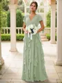 A-line Charming V-neck Short Sleeves Floor-Length Chiffon Bridesmaid Dress With Ruffles