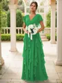 A-line Charming V-neck Short Sleeves Floor-Length Chiffon Bridesmaid Dress With Ruffles